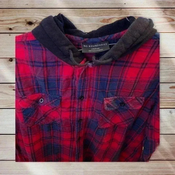 NO BOUNDARIES SIZE LARGE RED AND BLACK SWEATER JACKET WITH HOOD - Picture 2 of 3